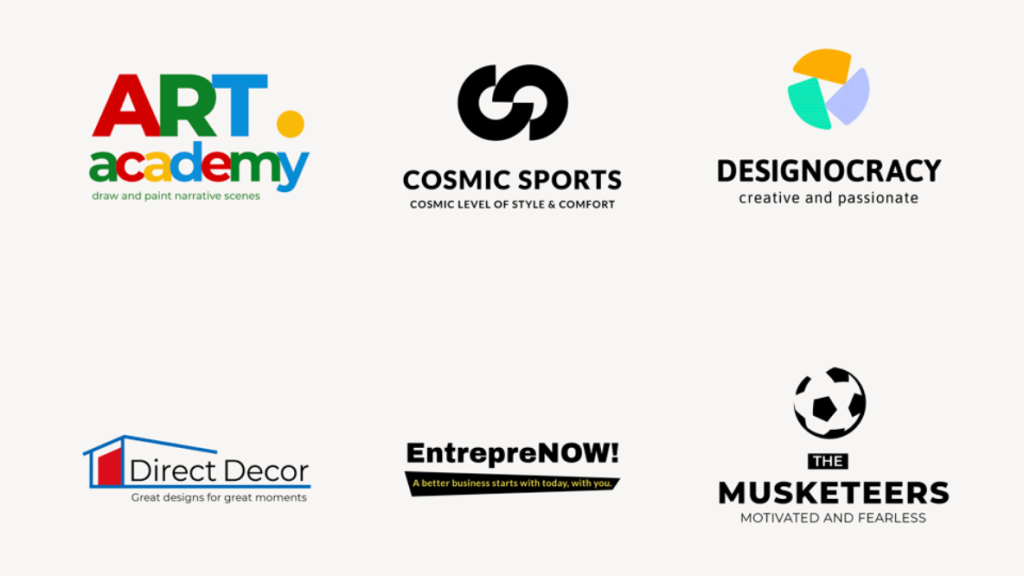 Ipoh Logo Design examples for brands like ART Academy and Cosmic Sports, showcasing unique styles and taglines.