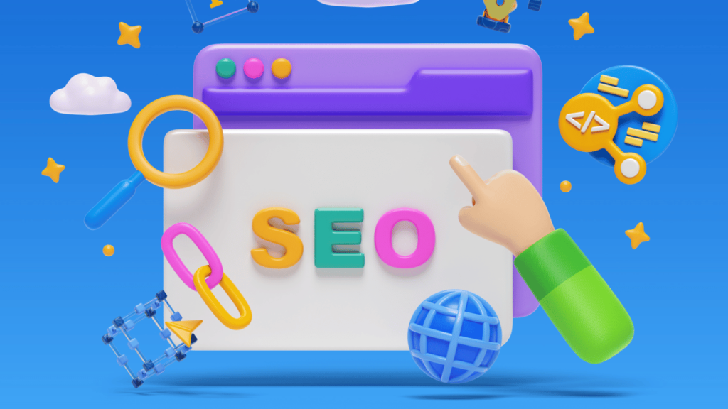 "Colorful Ipoh SEO Services graphic with 'SEO' letters, web icons, and a cartoon hand."