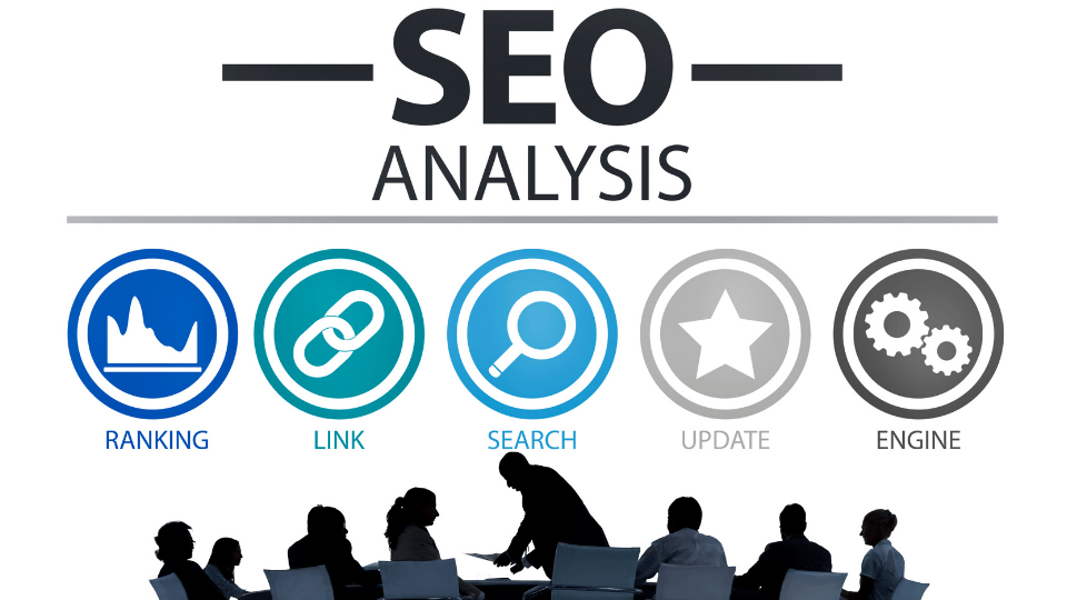 SEO services analysis with icons for ranking, link, search, update, and engine on a display.