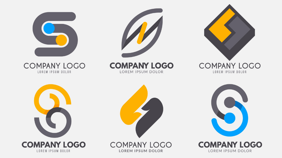 Collection of six Logo Design samples with modern styles and various color schemes.